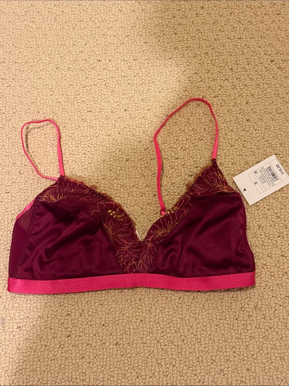 Auden Burgundy Bralette with Fuchsia Trim and Gold Lace